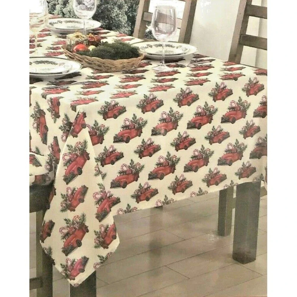 Christmas Fabric Tablecloth Vintage Red Farm Truck Country 60x84